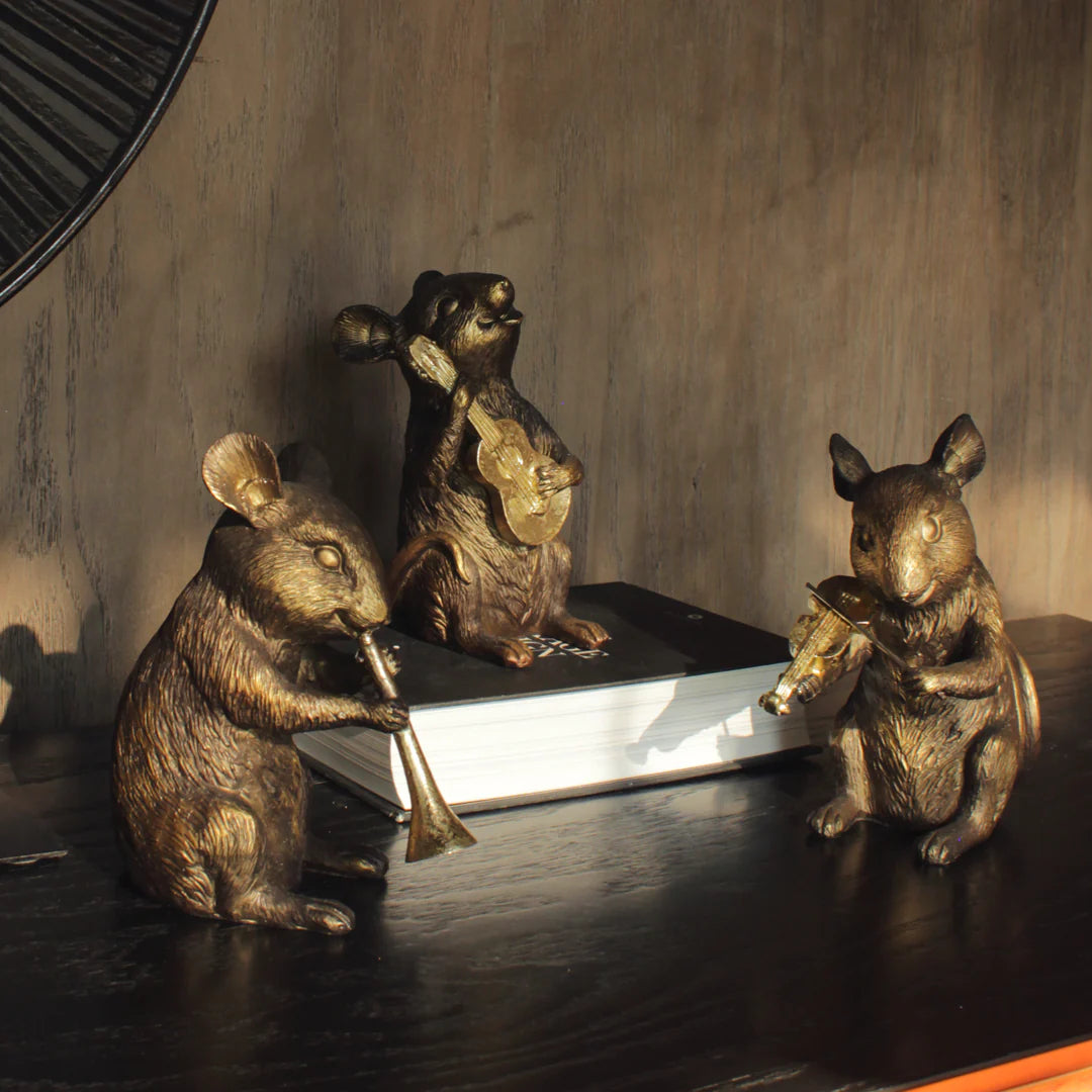 SET DE 3 FIGURILLAS DECORATIVAS RATONCITOS MÚSICOS EN RESINA